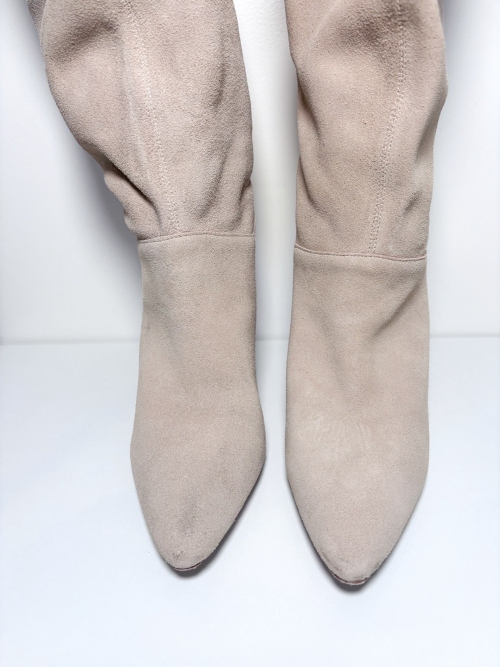 Raye Revolve Perla Nude Beige Suede Leather Heeled Slouchy Mid Calf Boots 7.5 - Picture 4 of 8